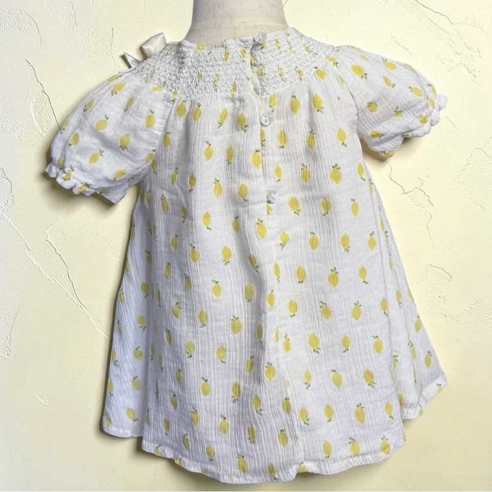 Artisan NY Lemon Print Smocked Dress 24M White Yellow Bow Summer Toddler